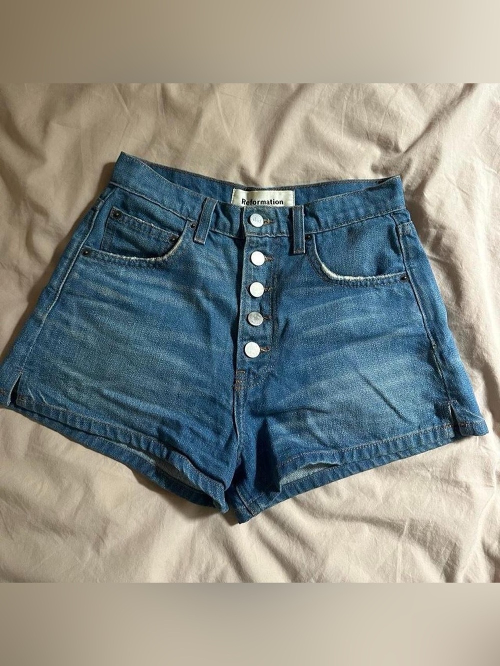 Reformation Button-Front High-Rise Jean Shorts — Blue